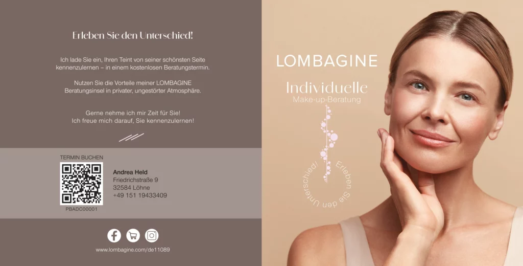 Frau mit natürlichem Make-up und freundlichem Lächeln, präsentiert individuelle Make-up-Beratung von Lombagine.
