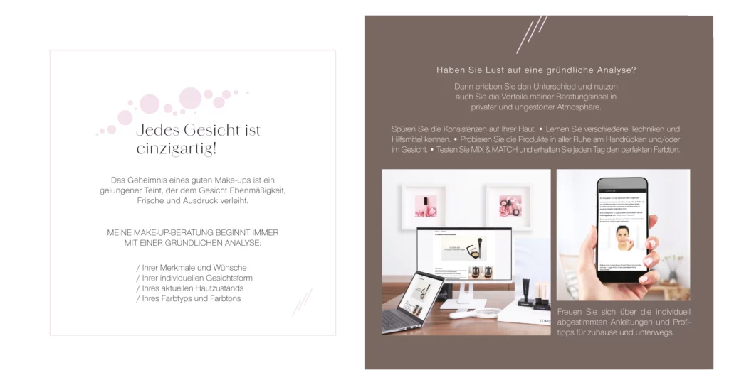 Ein Kosmetikstudio mit einem Tisch, Laptop und verschiedenen Kosmetikprodukten auf der Oberfläche.